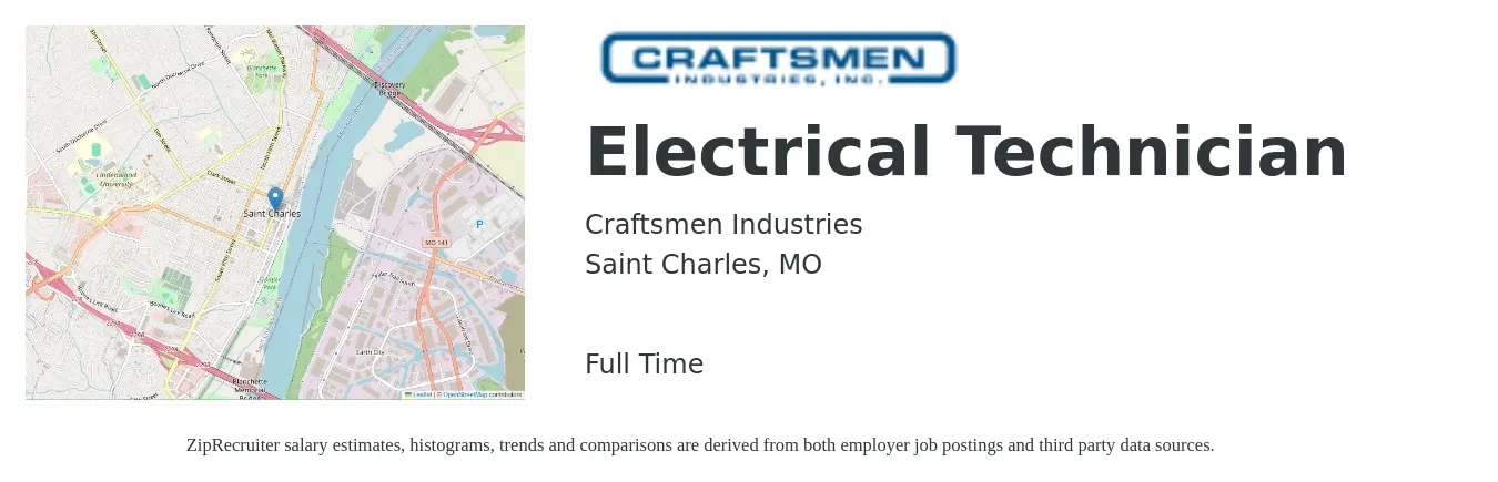 Craftsmen Industries job posting for a Electrical Technician in Saint Charles, MO with a salary of $19 to $25 Hourly with a map of Saint Charles location.