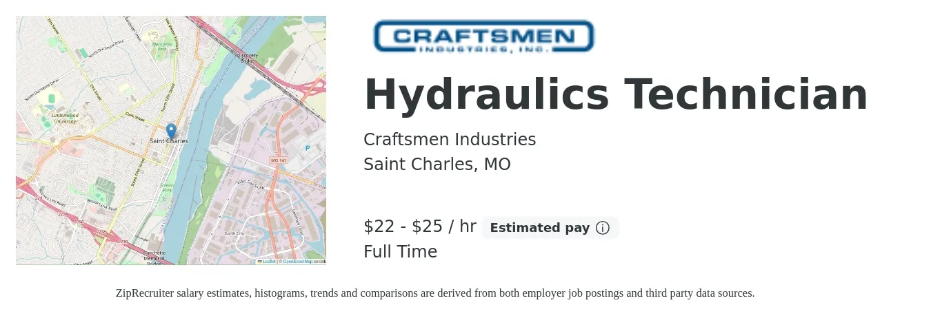 Craftsmen Industries job posting for a Hydraulics Technician in Saint Charles, MO with a salary of $23 to $26 Hourly with a map of Saint Charles location.