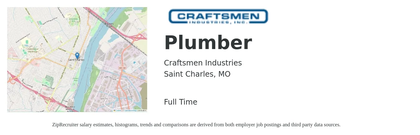 Craftsmen Industries job posting for a Plumber in Saint Charles, MO with a salary of $20 to $24 Hourly with a map of Saint Charles location.