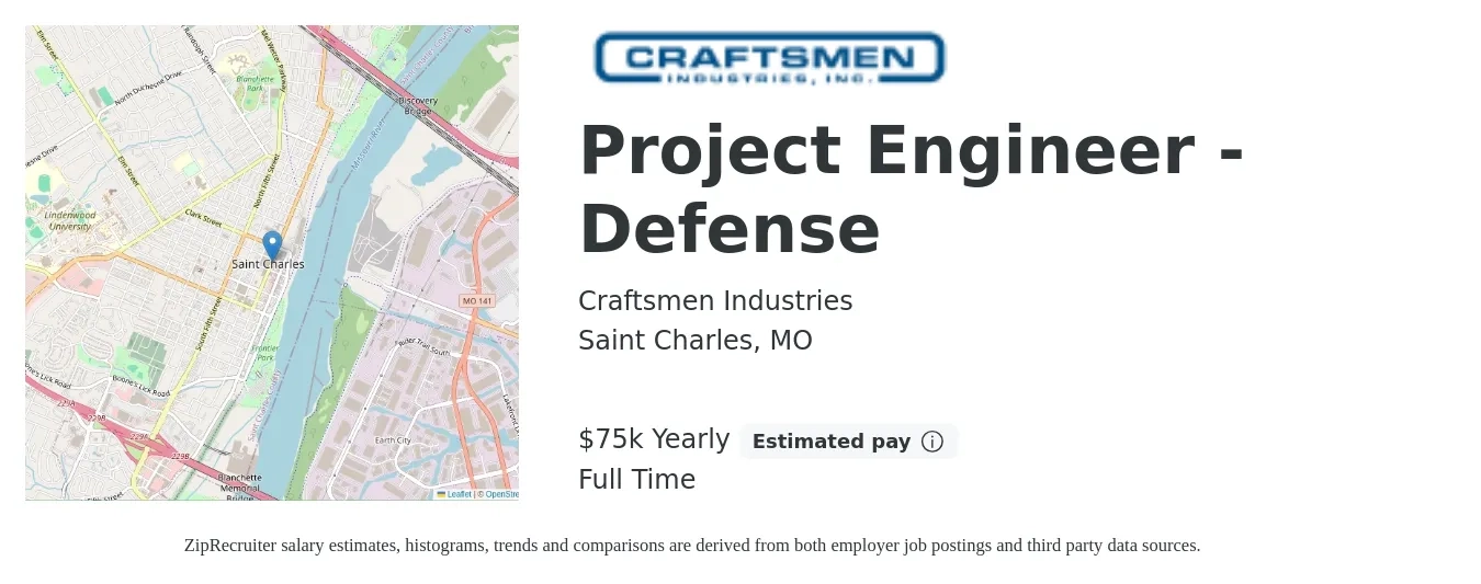 Craftsmen Industries job posting for a Project Engineer - Defense in Saint Charles, MO with a salary of $75,000 Yearly with a map of Saint Charles location.