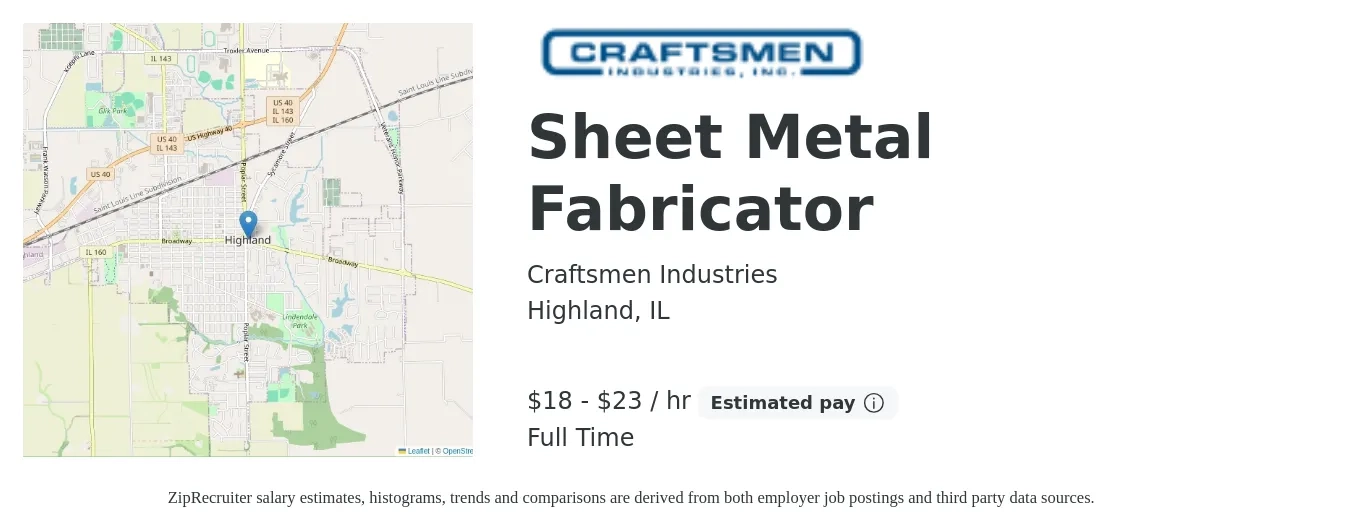 Craftsmen Industries job posting for a Sheet Metal Fabricator in Highland, IL with a salary of $19 to $24 Hourly with a map of Highland location.