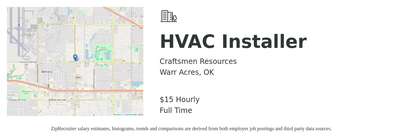 Craftsmen Resources job posting for a HVAC Installer in Warr Acres, OK with a salary of $16 Hourly with a map of Warr Acres location.