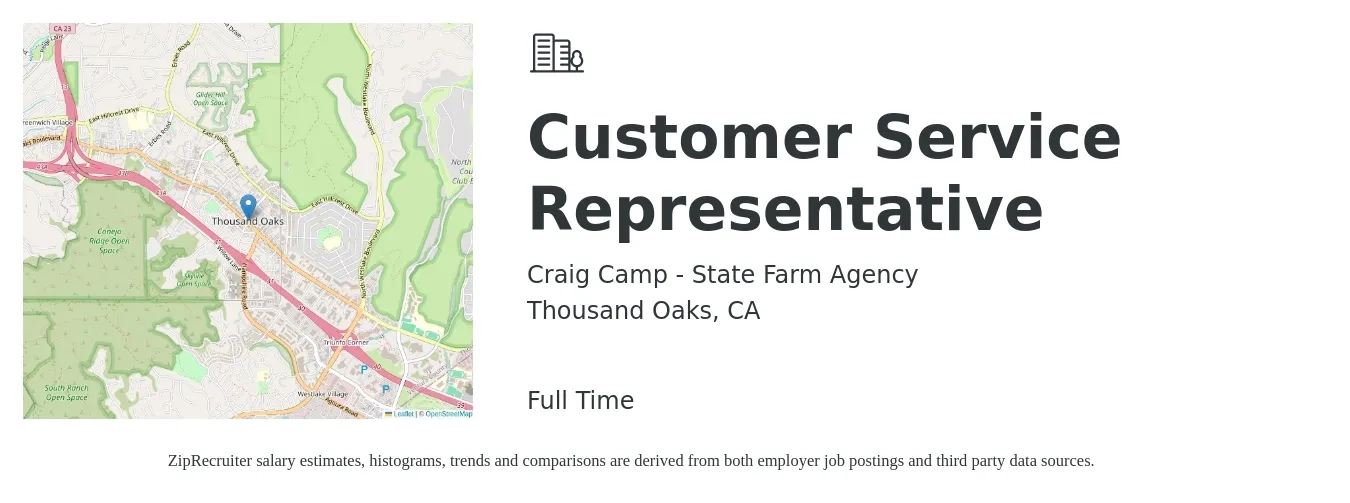 Craig Camp - State Farm Agency job posting for a Customer Service Representative in Thousand Oaks, CA with a salary of $17 to $23 Hourly with a map of Thousand Oaks location.