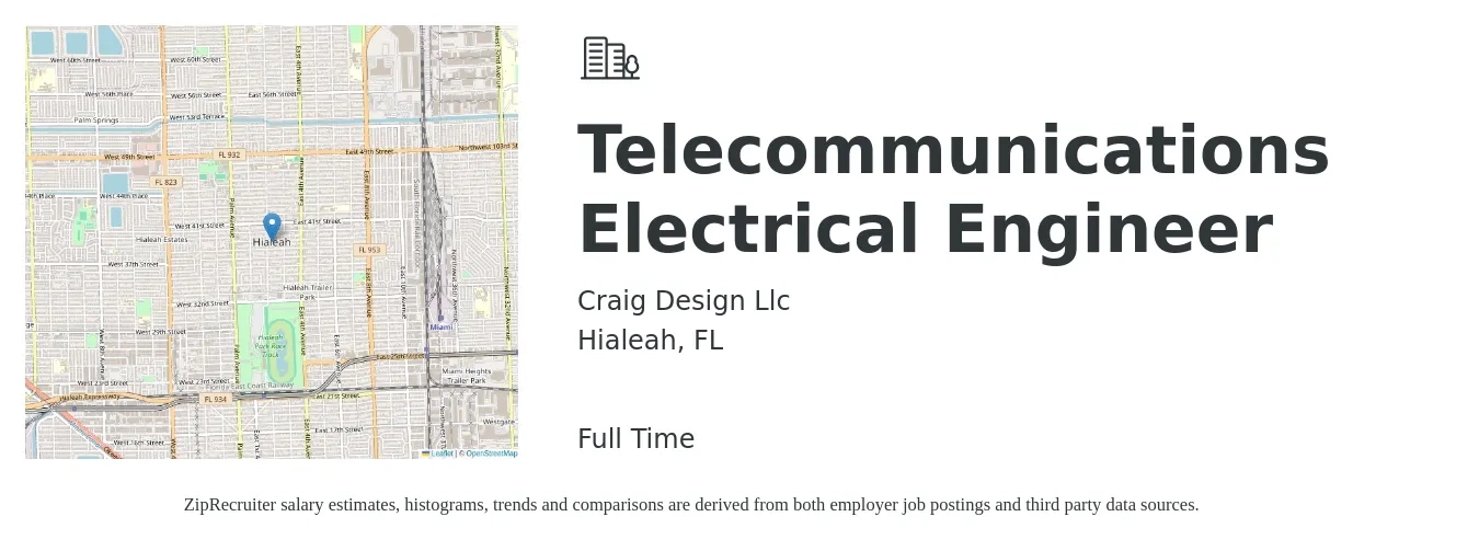 Craig Design Llc job posting for a Telecommunications Electrical Engineer in Hialeah, FL with a salary of $75,200 to $119,500 Yearly with a map of Hialeah location.