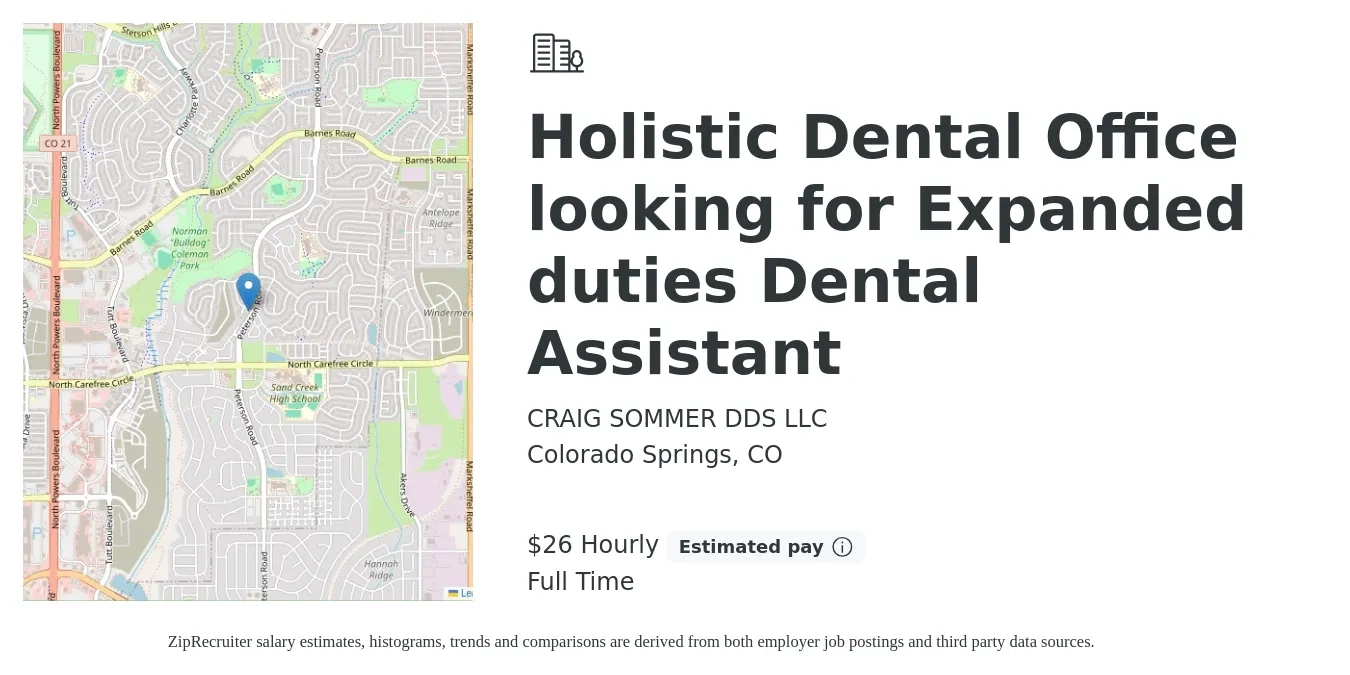 CRAIG SOMMER DDS LLC job posting for a Holistic Dental Office looking for Expanded duties Dental Assistant in Colorado Springs, CO with a salary of $28 Hourly with a map of Colorado Springs location.