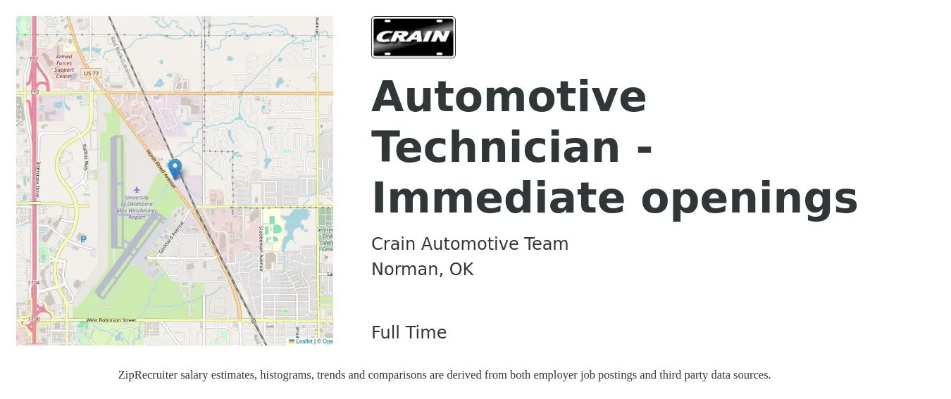 Crain Automotive Team job posting for a Automotive Technician - Immediate openings in Norman, OK with a salary of $19 to $30 Hourly with a map of Norman location.