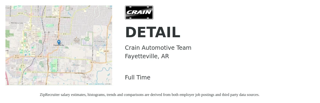 Crain Automotive Team job posting for a DETAIL in Fayetteville, AR with a salary of $14 to $17 Hourly with a map of Fayetteville location.