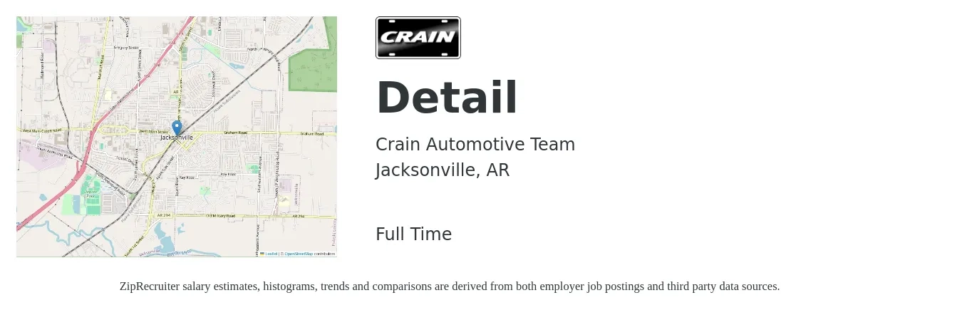 Crain Automotive Team job posting for a Detail in Jacksonville, AR with a salary of $13 to $16 Hourly with a map of Jacksonville location.