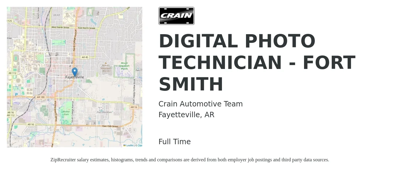 Crain Automotive Team job posting for a DIGITAL PHOTO TECHNICIAN - FORT SMITH in Fayetteville, AR with a salary of $19 to $31 Hourly with a map of Fayetteville location.