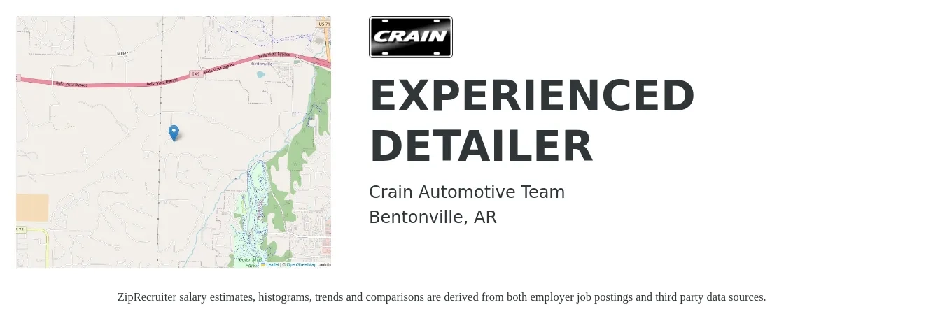 Crain Automotive Team job posting for a EXPERIENCED DETAILER in Bentonville, AR with a salary of $13 to $16 Hourly with a map of Bentonville location.