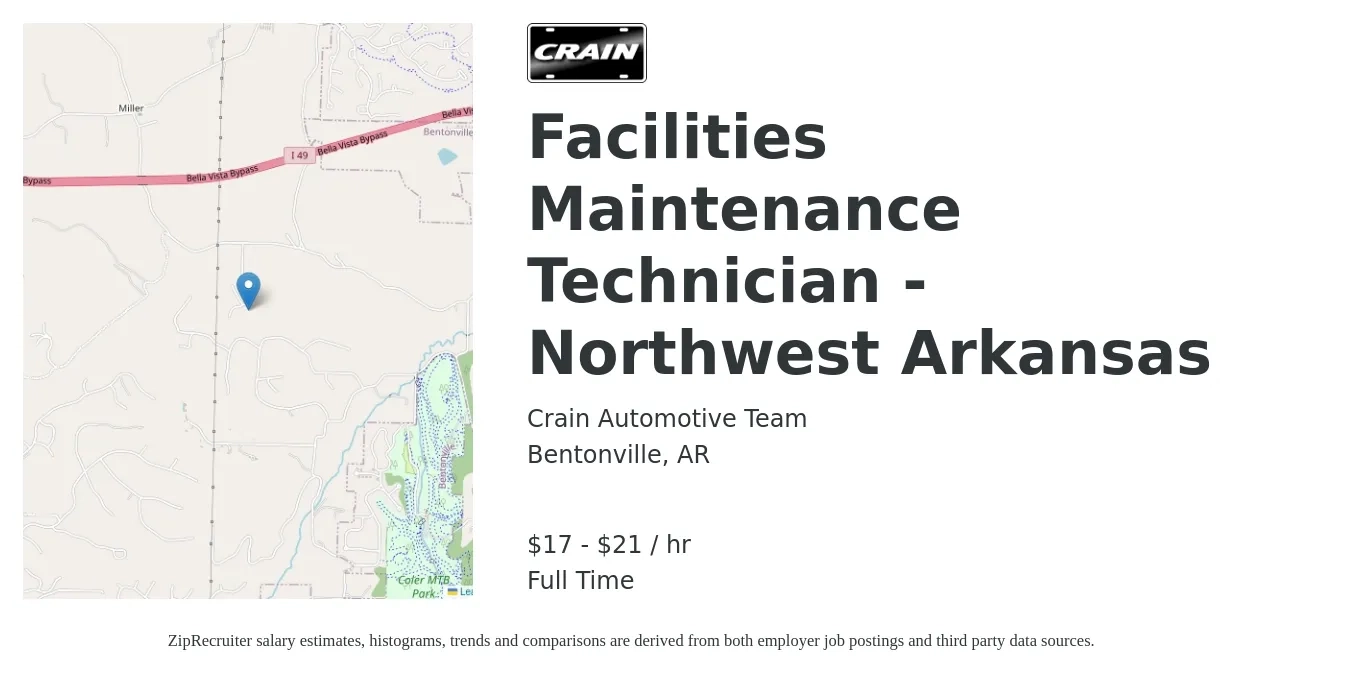 Crain Automotive Team job posting for a Facilities Maintenance Technician - Northwest Arkansas in Bentonville, AR with a salary of $18 to $22 Hourly with a map of Bentonville location.
