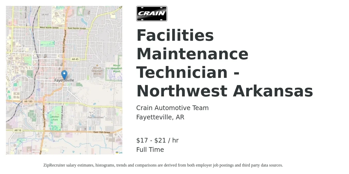 Crain Automotive Team job posting for a Facilities Maintenance Technician - Northwest Arkansas in Fayetteville, AR with a salary of $18 to $22 Hourly with a map of Fayetteville location.