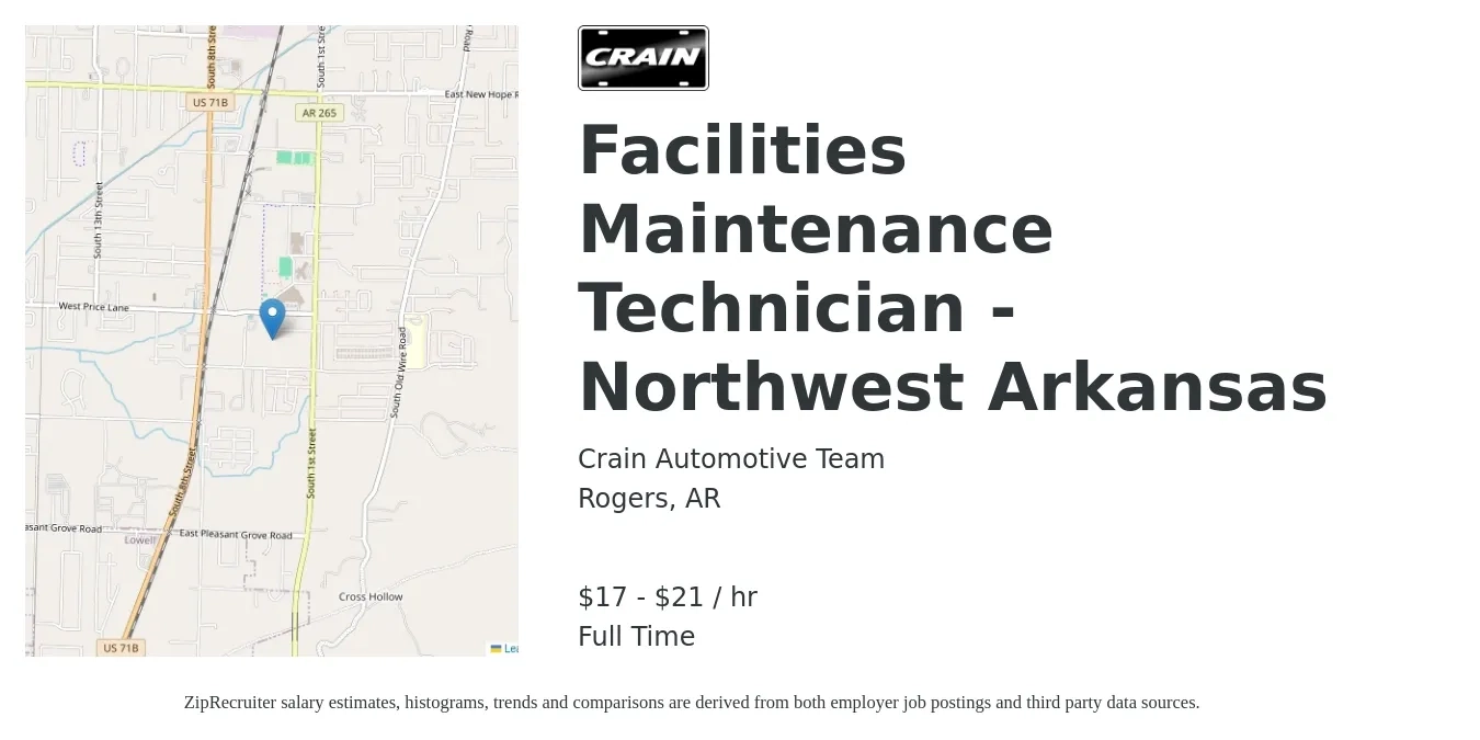 Crain Automotive Team job posting for a Facilities Maintenance Technician - Northwest Arkansas in Rogers, AR with a salary of $18 to $22 Hourly with a map of Rogers location.