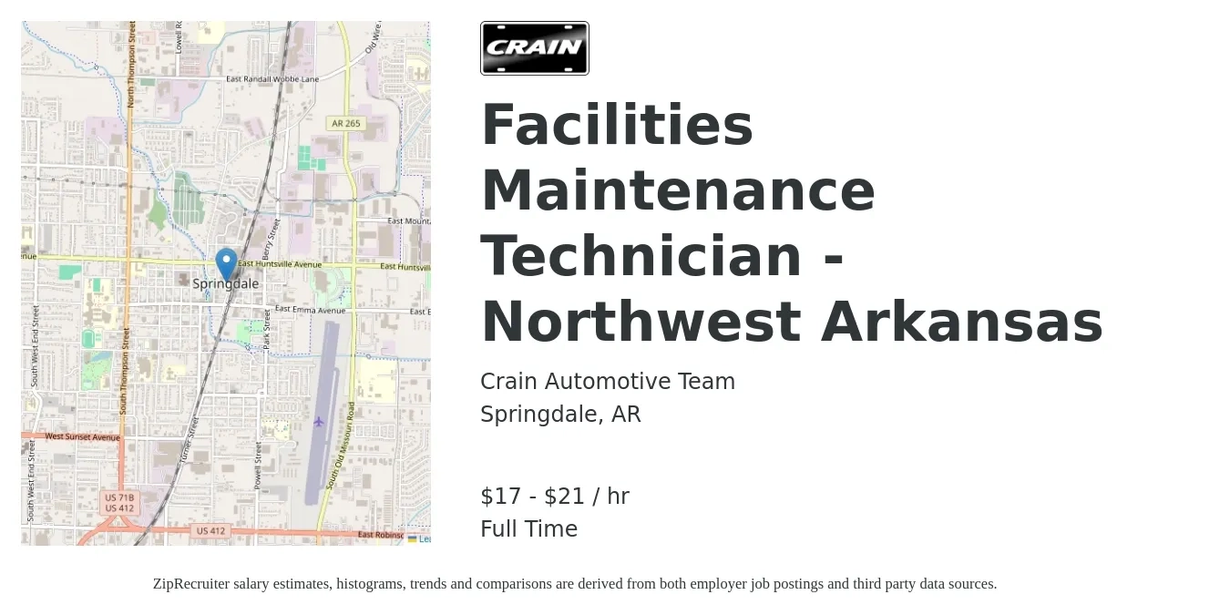 Crain Automotive Team job posting for a Facilities Maintenance Technician - Northwest Arkansas in Springdale, AR with a salary of $18 to $22 Hourly with a map of Springdale location.