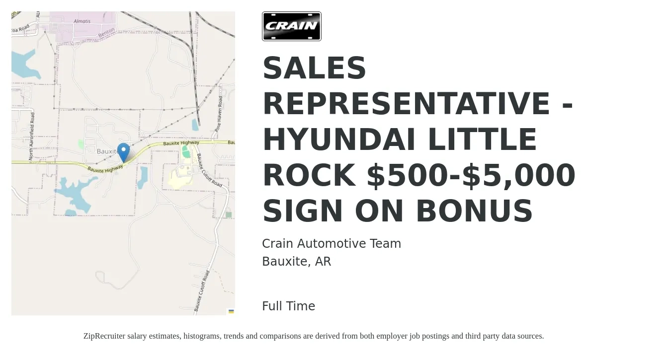 Crain Automotive Team job posting for a SALES REPRESENTATIVE - HYUNDAI LITTLE ROCK $500-$5,000 SIGN ON BONUS in Bauxite, AR with a salary of $33,900 to $59,300 Yearly with a map of Bauxite location.