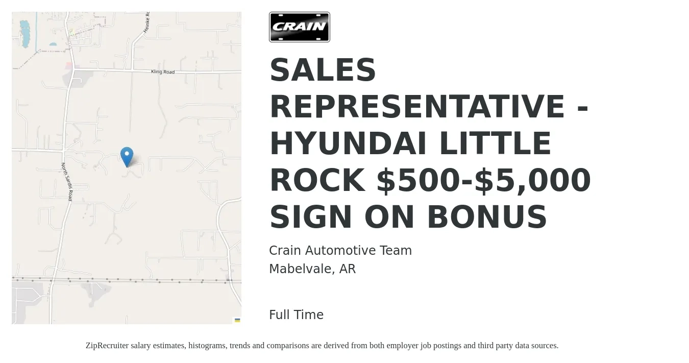 Crain Automotive Team job posting for a SALES REPRESENTATIVE - HYUNDAI LITTLE ROCK $500-$5,000 SIGN ON BONUS in Mabelvale, AR with a salary of $33,100 to $57,900 Yearly with a map of Mabelvale location.