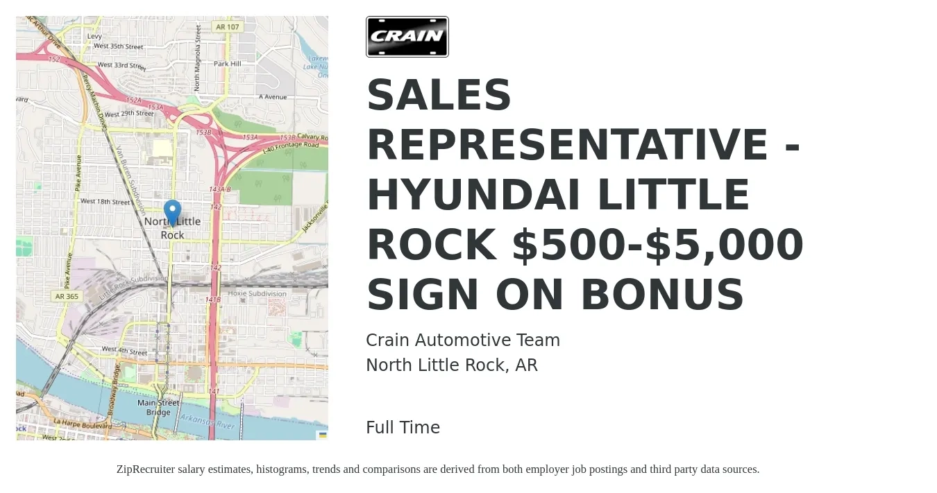 Crain Automotive Team job posting for a SALES REPRESENTATIVE - HYUNDAI LITTLE ROCK $500-$5,000 SIGN ON BONUS in North Little Rock, AR with a salary of $38,200 to $66,800 Yearly with a map of North Little Rock location.