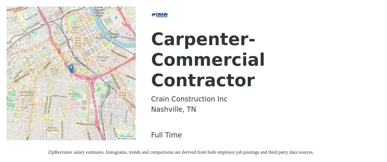 Crain Construction Inc job posting for a Carpenter- Commercial Contractor in Nashville, TN with a salary of $18 to $22 Hourly with a map of Nashville location.