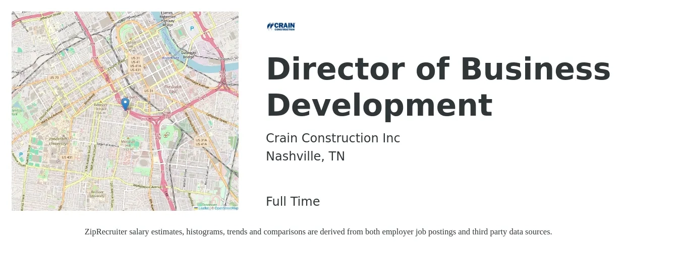 Crain Construction Inc job posting for a Director of Business Development in Nashville, TN with a salary of $90,400 to $146,400 Yearly with a map of Nashville location.