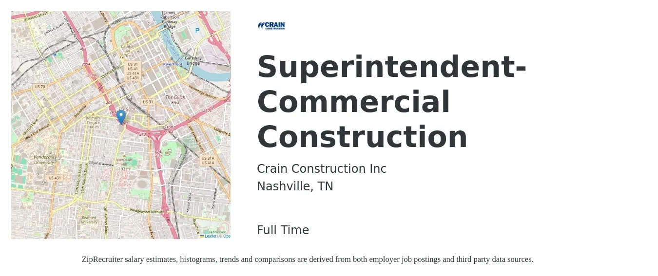 Crain Construction Inc job posting for a Superintendent- Commercial Construction in Nashville, TN with a salary of $80,000 to $120,000 Yearly with a map of Nashville location.