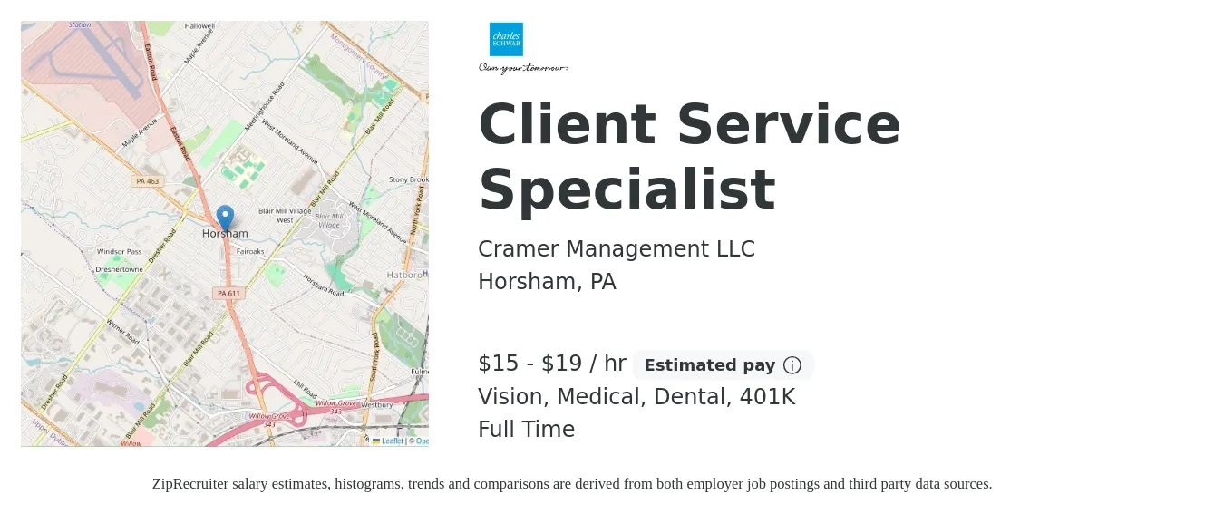 Cramer Management LLC job posting for a Client Service Specialist in Horsham, PA with a salary of $16 to $20 Hourly and benefits including 401k, dental, medical, and vision with a map of Horsham location.