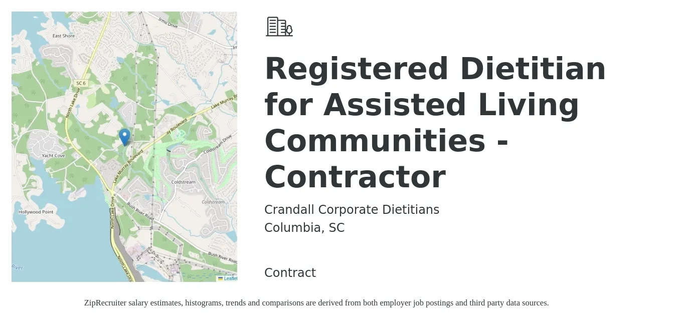 Crandall Corporate Dietitians job posting for a Registered Dietitian for Assisted Living Communities - Contractor in Columbia, SC with a salary of $27 to $36 Hourly with a map of Columbia location.