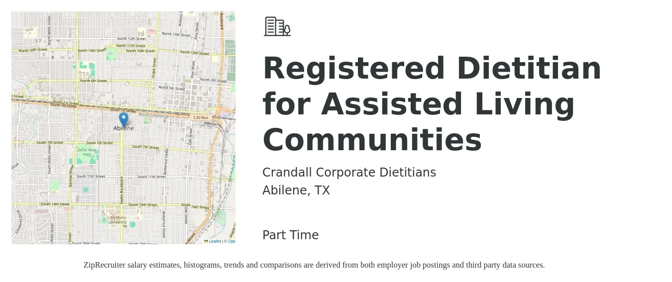 Crandall Corporate Dietitians job posting for a Registered Dietitian for Assisted Living Communities in Abilene, TX with a salary of $25 to $34 Hourly with a map of Abilene location.