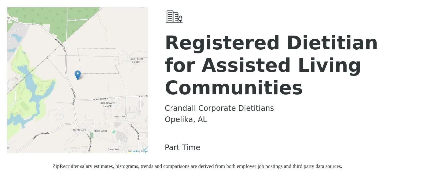 Crandall Corporate Dietitians job posting for a Registered Dietitian for Assisted Living Communities in Opelika, AL with a salary of $27 to $36 Hourly with a map of Opelika location.