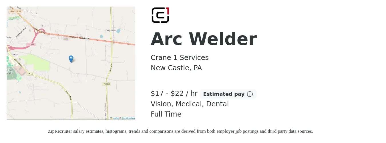 Crane 1 Services job posting for a Arc Welder in New Castle, PA with a salary of $18 to $23 Hourly and benefits including life_insurance, medical, pto, retirement, vision, and dental with a map of New Castle location.