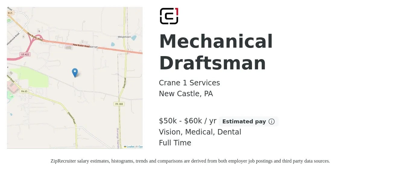 Crane 1 Services job posting for a Mechanical Draftsman in New Castle, PA with a salary of $50,000 to $60,000 Yearly and benefits including dental, life_insurance, medical, pto, retirement, and vision with a map of New Castle location.