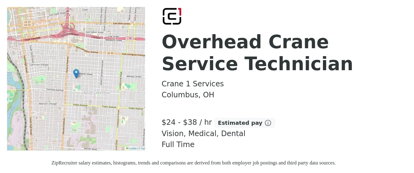 Crane 1 Services job posting for a Overhead Crane Service Technician in Columbus, OH with a salary of $25 to $40 Hourly and benefits including retirement, vision, dental, life_insurance, and medical with a map of Columbus location.
