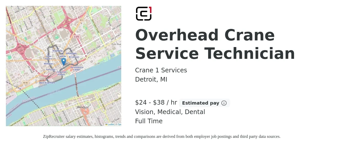 Crane 1 Services job posting for a Overhead Crane Service Technician in Detroit, MI with a salary of $25 to $40 Hourly and benefits including dental, life_insurance, medical, retirement, and vision with a map of Detroit location.