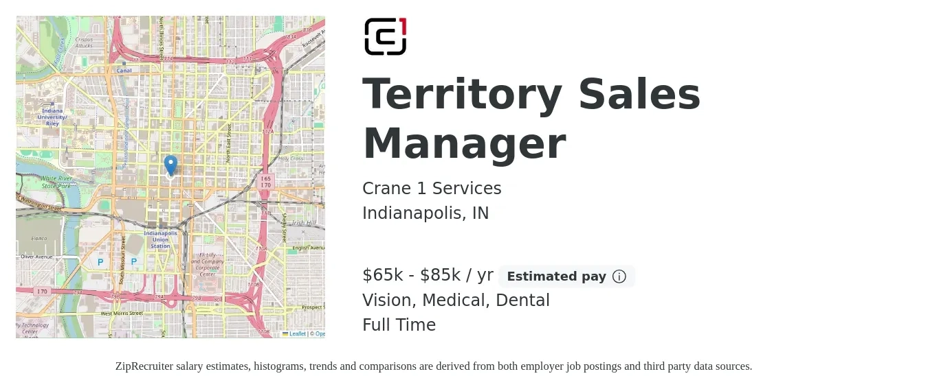 Crane 1 Services job posting for a Territory Sales Manager in Indianapolis, IN with a salary of $61,700 to $94,600 Yearly and benefits including dental, life_insurance, medical, pto, retirement, and vision with a map of Indianapolis location.