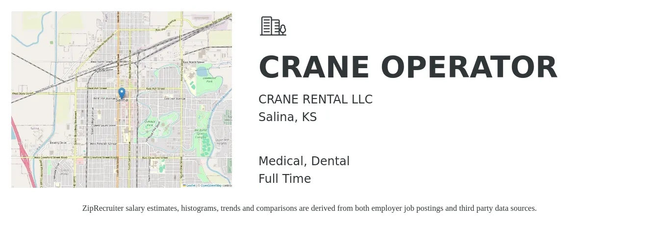 CRANE RENTAL LLC job posting for a CRANE OPERATOR in Salina, KS with a salary of $800 to $1,600 Weekly and benefits including dental, life_insurance, medical, and retirement with a map of Salina location.