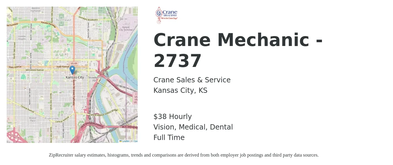Crane Sales & Service job posting for a Crane Mechanic - 2737 in Kansas City, KS with a salary of $40 Hourly and benefits including medical, pto, retirement, vision, dental, and life_insurance with a map of Kansas City location.