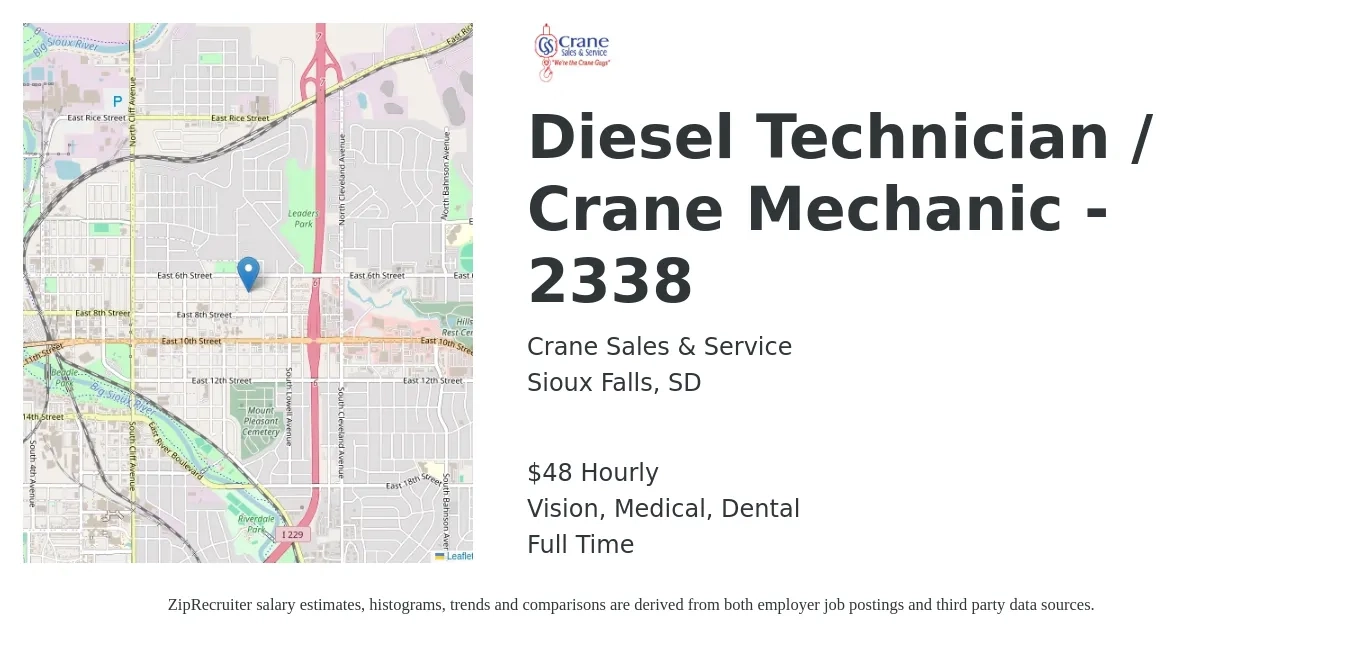 Crane Sales & Service job posting for a Diesel Technician / Crane Mechanic - 2338 in Sioux Falls, SD with a salary of $50 Hourly and benefits including retirement, vision, dental, life_insurance, medical, and pto with a map of Sioux Falls location.