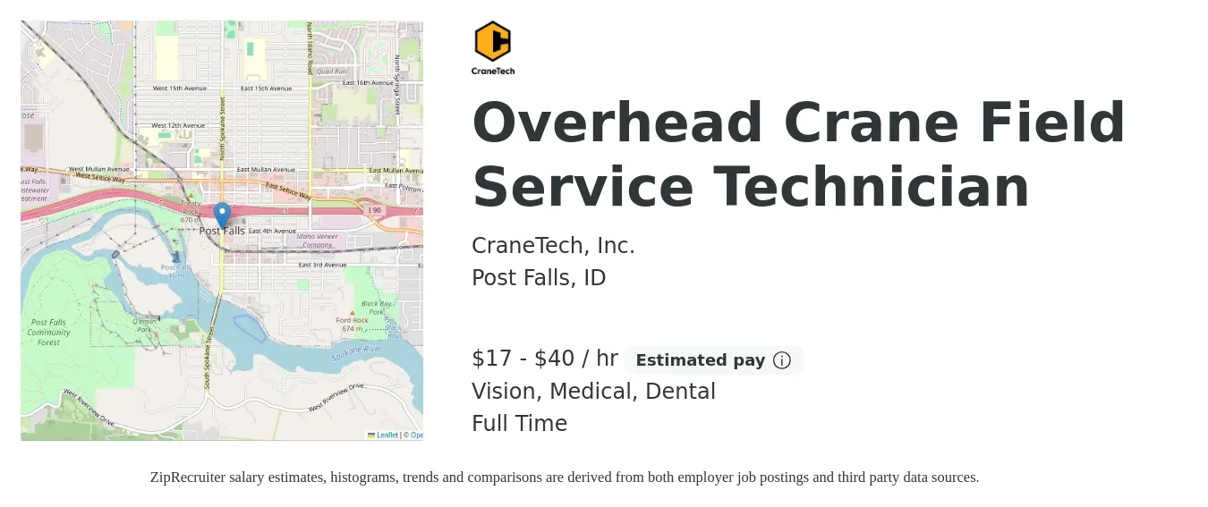 CraneTech, Inc. job posting for a Overhead Crane Field Service Technician in Post Falls, ID with a salary of $18 to $42 Hourly and benefits including medical, retirement, vision, and dental with a map of Post Falls location.