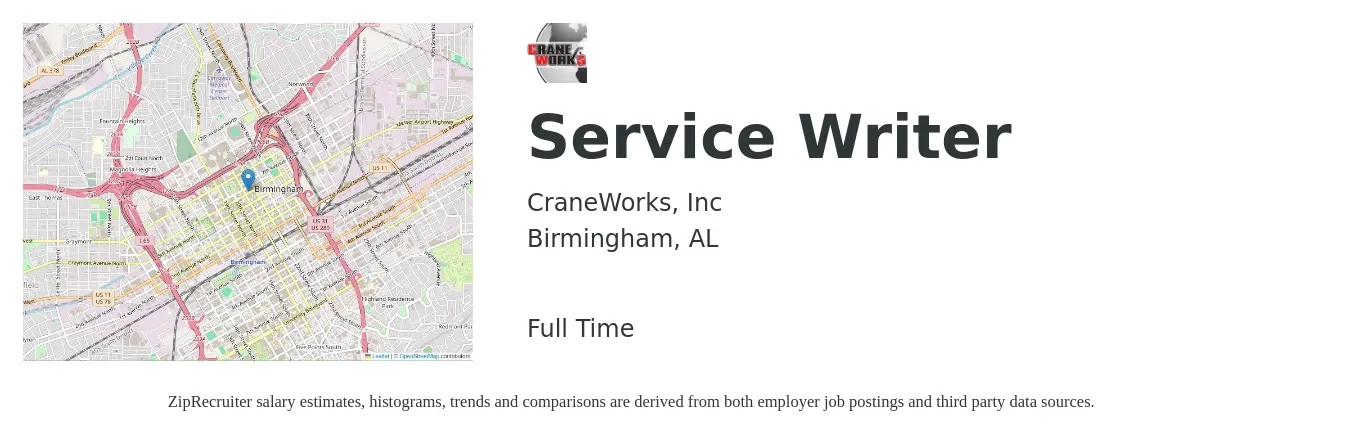 CraneWorks, Inc job posting for a Service Writer in Birmingham, AL with a salary of $18 to $27 Hourly with a map of Birmingham location.