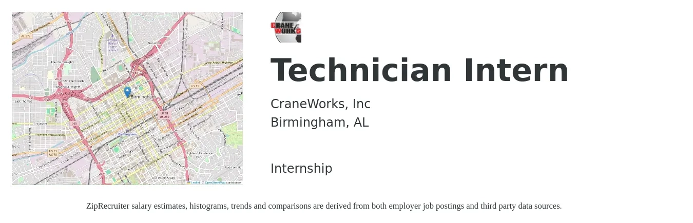 CraneWorks, Inc job posting for a Technician Intern in Birmingham, AL with a map of Birmingham location.