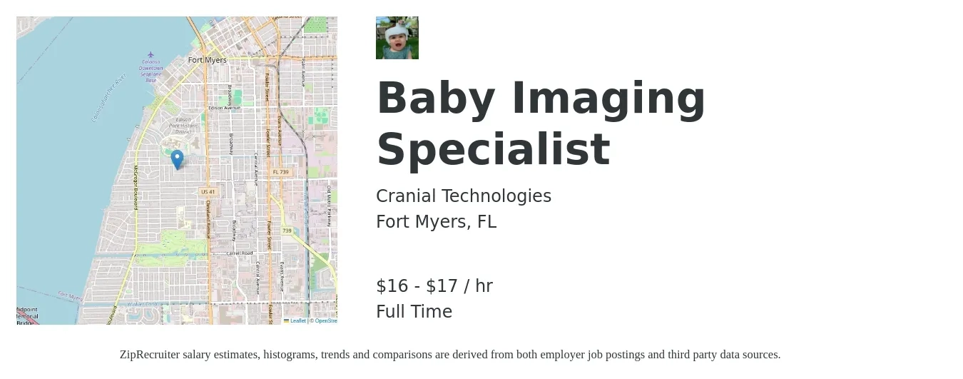 Cranial Technologies job posting for a Baby Imaging Specialist in Fort Myers, FL with a salary of $18 to $18 Hourly with a map of Fort Myers location.