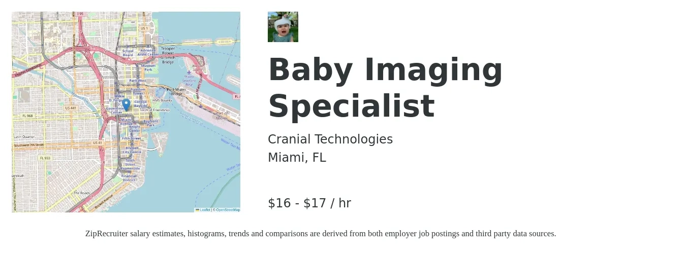 Cranial Technologies job posting for a Baby Imaging Specialist in Miami, FL with a salary of $18 to $18 Hourly with a map of Miami location.