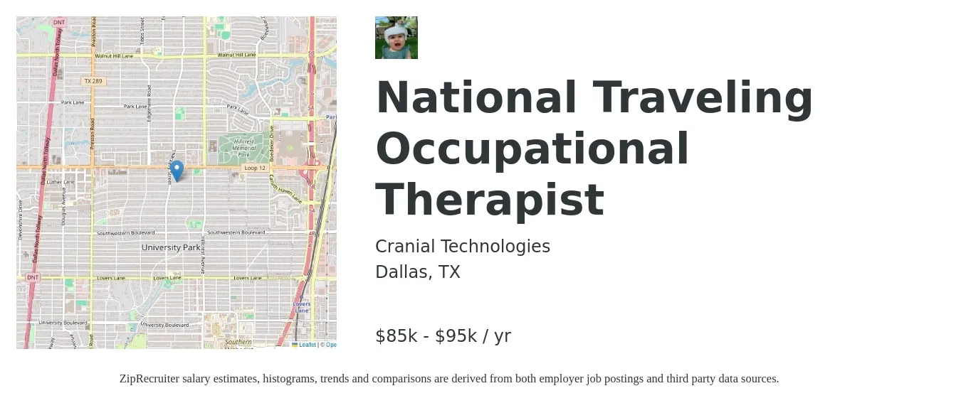Cranial Technologies job posting for a National Traveling Occupational Therapist in Dallas, TX with a salary of $85,000 to $95,000 Yearly with a map of Dallas location.