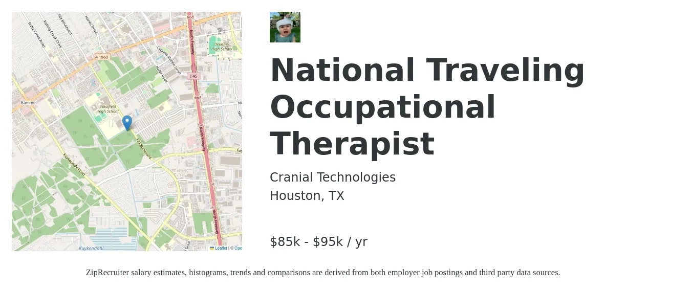 Cranial Technologies job posting for a National Traveling Occupational Therapist in Houston, TX with a salary of $85,000 to $95,000 Yearly with a map of Houston location.