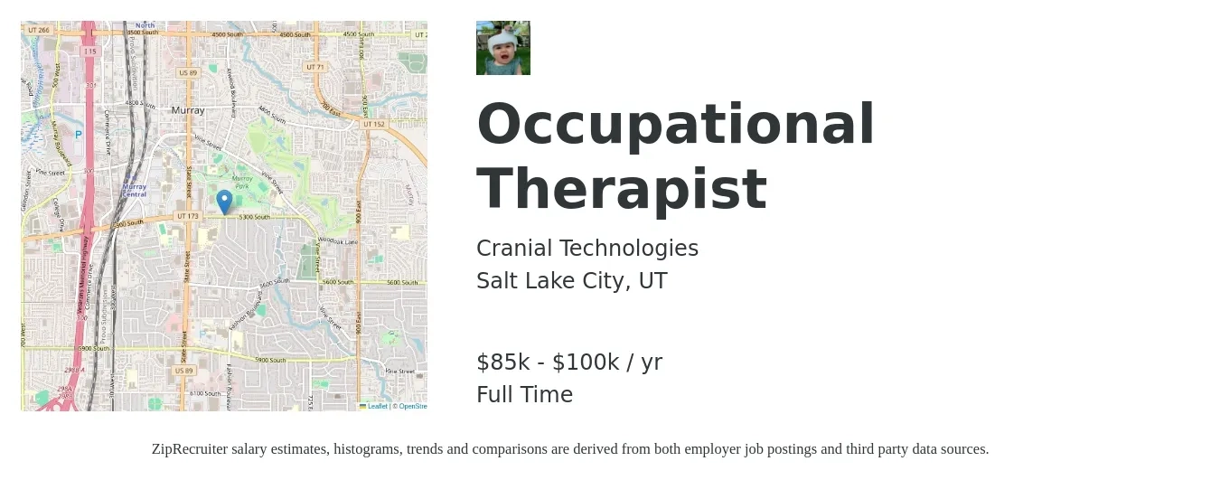 Cranial Technologies job posting for a Occupational Therapist in Salt Lake City, UT with a salary of $85,000 to $100,000 Yearly with a map of Salt Lake City location.