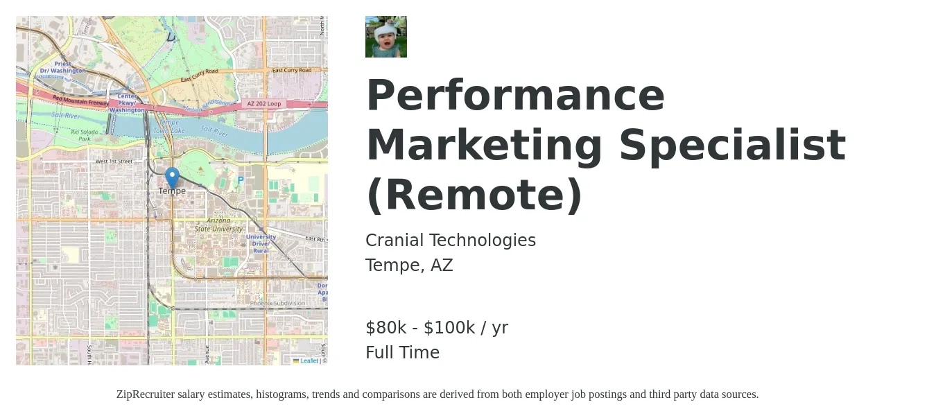 Cranial Technologies job posting for a Performance Marketing Specialist (Remote) in Tempe, AZ with a salary of $80,000 to $100,000 Yearly with a map of Tempe location.