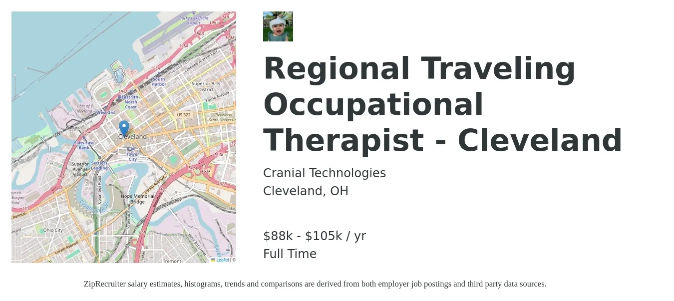Cranial Technologies job posting for a Regional Traveling Occupational Therapist - Cleveland in Cleveland, OH with a salary of $88,000 to $105,000 Yearly with a map of Cleveland location.