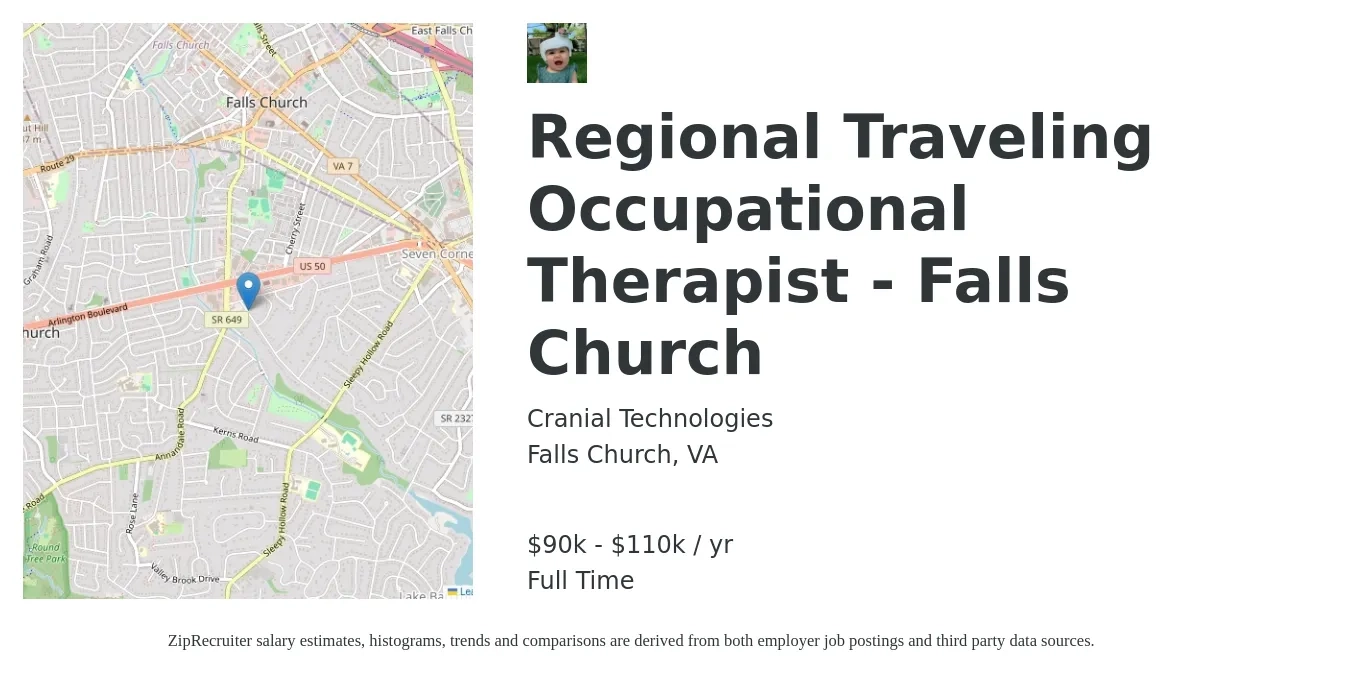 Cranial Technologies job posting for a Regional Traveling Occupational Therapist - Falls Church in Falls Church, VA with a salary of $90,000 to $110,000 Yearly with a map of Falls Church location.