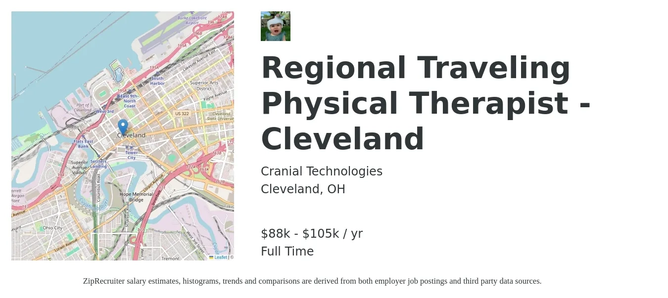Cranial Technologies job posting for a Regional Traveling Physical Therapist - Cleveland in Cleveland, OH with a salary of $88,000 to $105,000 Yearly with a map of Cleveland location.
