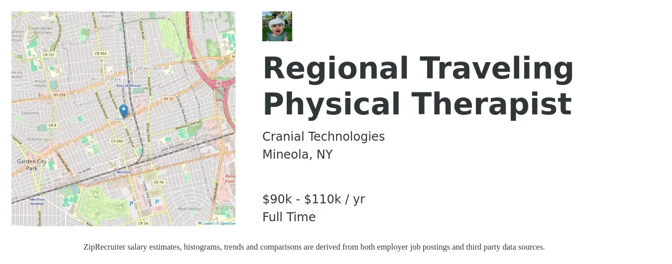 Cranial Technologies job posting for a Regional Traveling Physical Therapist in Mineola, NY with a salary of $90,000 to $110,000 Yearly with a map of Mineola location.