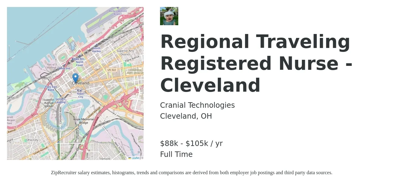 Cranial Technologies job posting for a Regional Traveling Registered Nurse - Cleveland in Cleveland, OH with a salary of $88,000 to $105,000 Yearly with a map of Cleveland location.